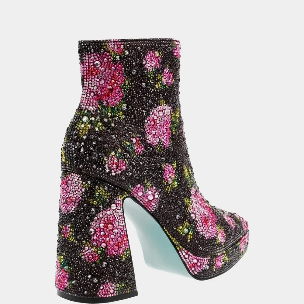 NEW BETSEY JOHNSON Delia Rhinestone Floral Booties Black/Pink 367tn - Picture 4 of 12